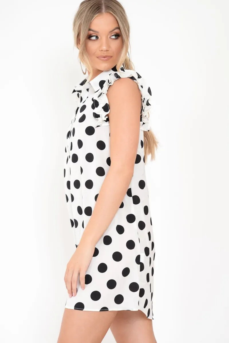 White Polka Dot Frill Shirt Dress - Baylin