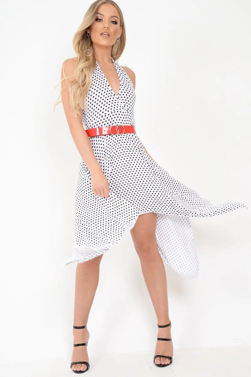 White Polka Dot Halterneck Tiered Hem Dress - Cailie