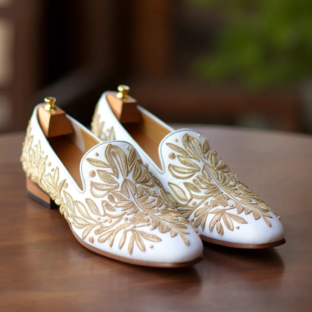 White Velvet Hand Work Zardozi Peshawari Loafers | Wedding Shoes for Groom | Shoes for Haldi Mehendi Sangeet