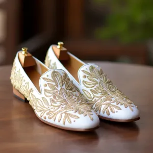 White Velvet Hand Work Zardozi Peshawari Loafers | Wedding Shoes for Groom | Shoes for Haldi Mehendi Sangeet