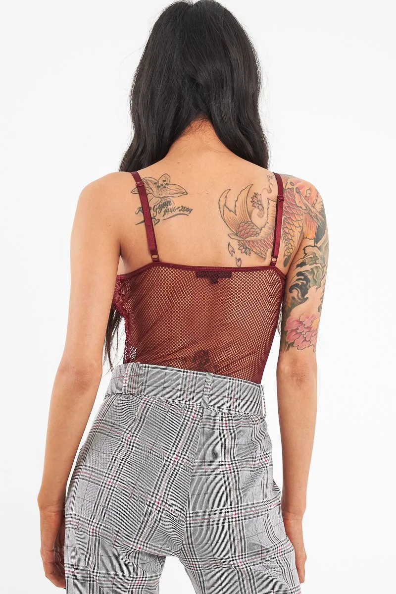 Wine Fishnet Floral Lace Strappy Mesh Bodysuit - Hallee