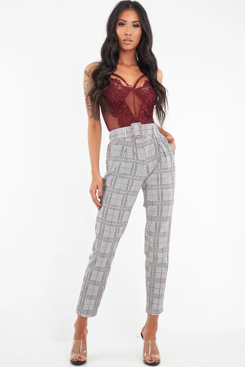 Wine Fishnet Floral Lace Strappy Mesh Bodysuit - Hallee