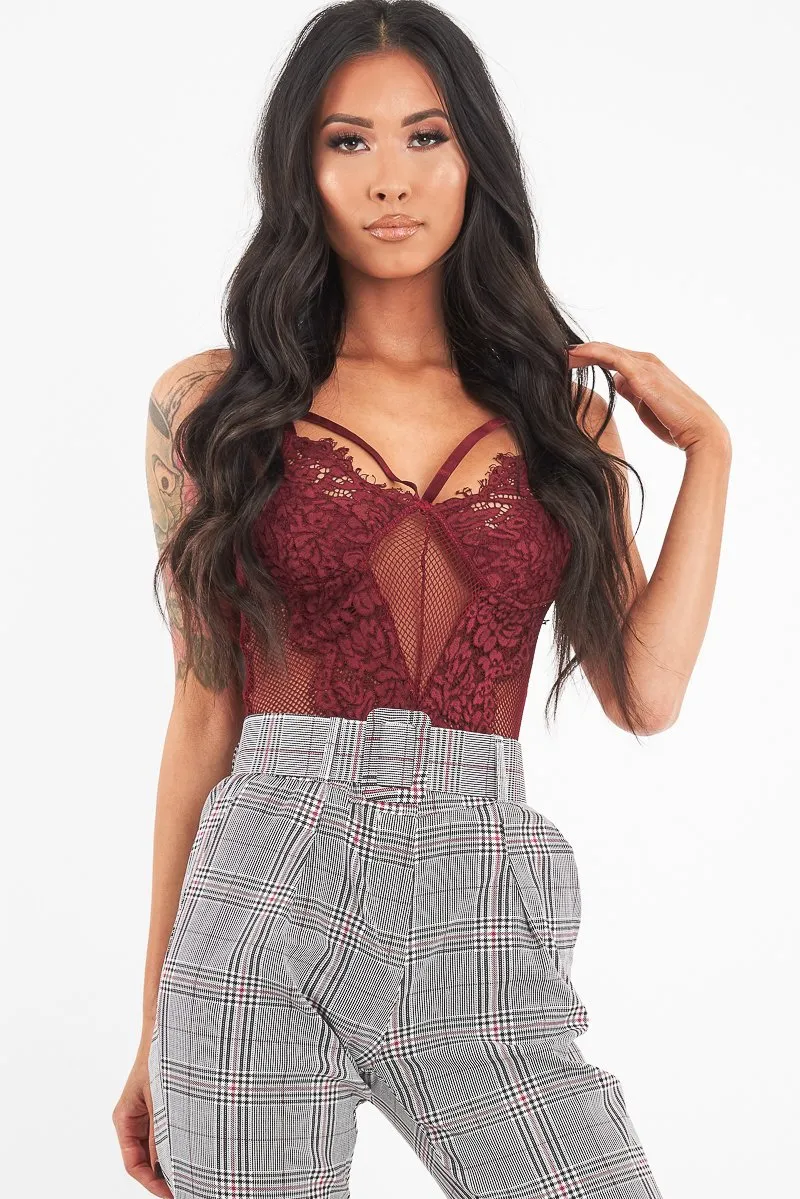 Wine Fishnet Floral Lace Strappy Mesh Bodysuit - Hallee