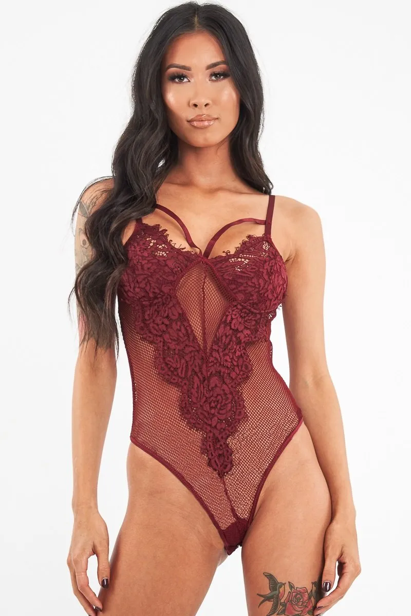 Wine Fishnet Floral Lace Strappy Mesh Bodysuit - Hallee