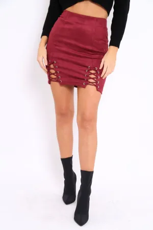 Wine Lace Up Suedette Mini Skirt - Tiara