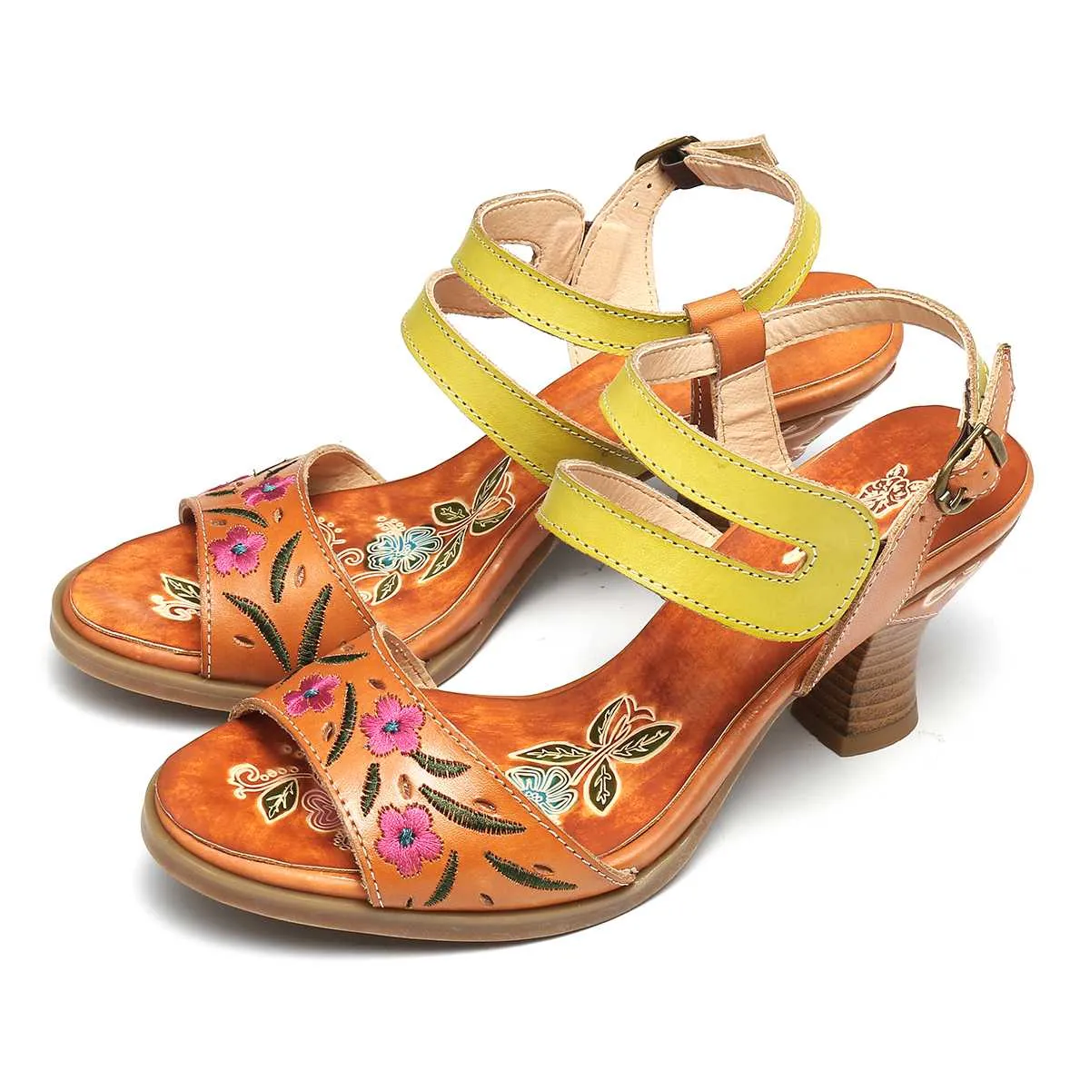 Women Bohemian Vintage Style High Heels Sandals Summer Slingback Peep Toe Sandals Shoes Woman Printed Leather Sandals New