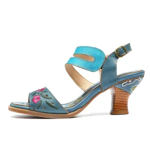 Women Bohemian Vintage Style High Heels Sandals Summer Slingback Peep Toe Sandals Shoes Woman Printed Leather Sandals New