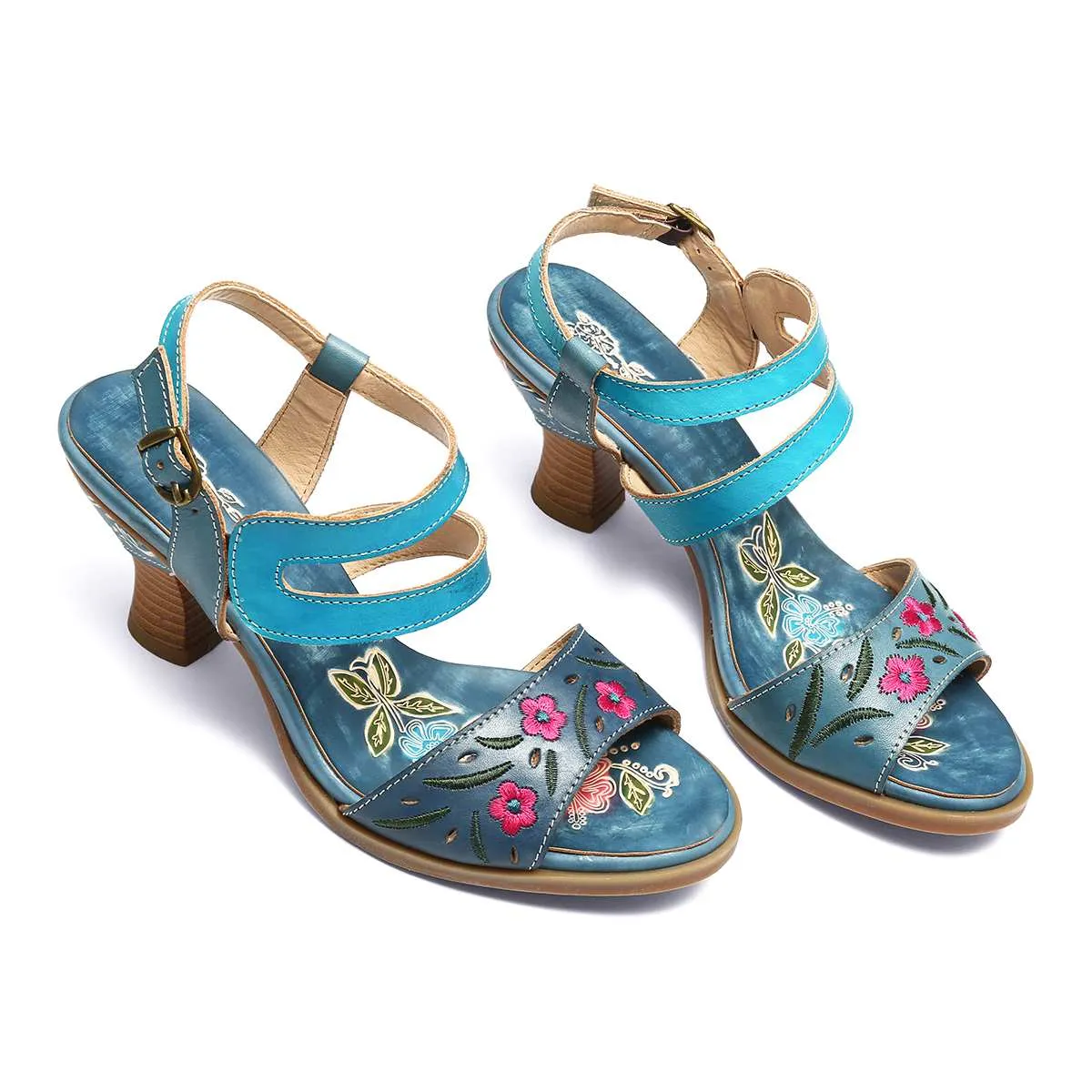 Women Bohemian Vintage Style High Heels Sandals Summer Slingback Peep Toe Sandals Shoes Woman Printed Leather Sandals New