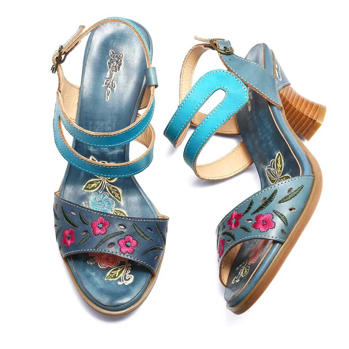 Women Bohemian Vintage Style High Heels Sandals Summer Slingback Peep Toe Sandals Shoes Woman Printed Leather Sandals New