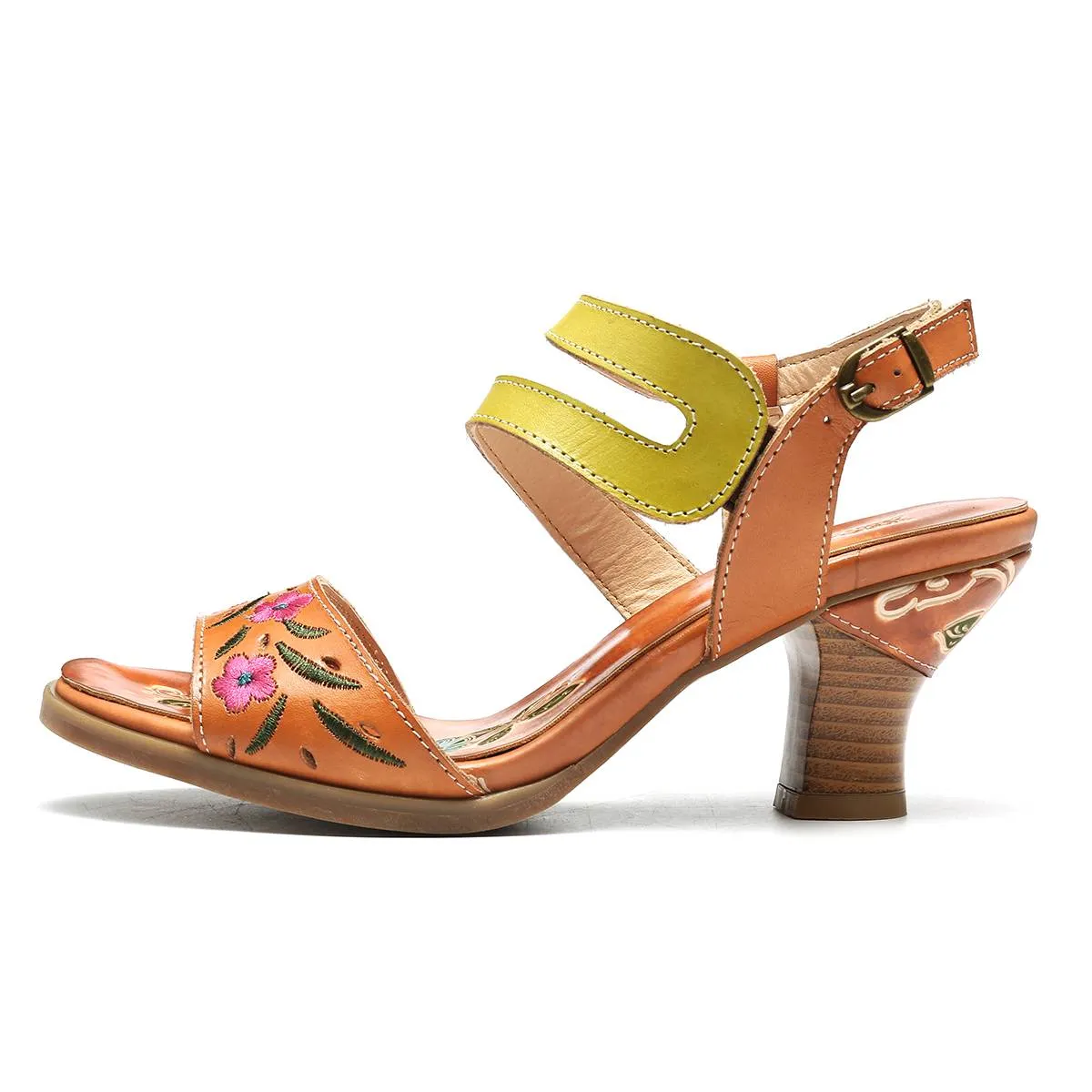 Women Bohemian Vintage Style High Heels Sandals Summer Slingback Peep Toe Sandals Shoes Woman Printed Leather Sandals New