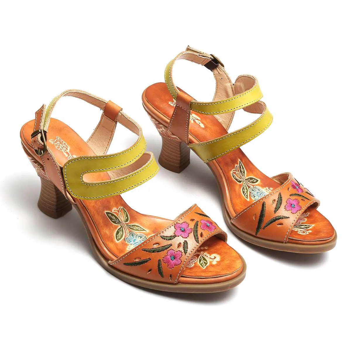 Women Bohemian Vintage Style High Heels Sandals Summer Slingback Peep Toe Sandals Shoes Woman Printed Leather Sandals New