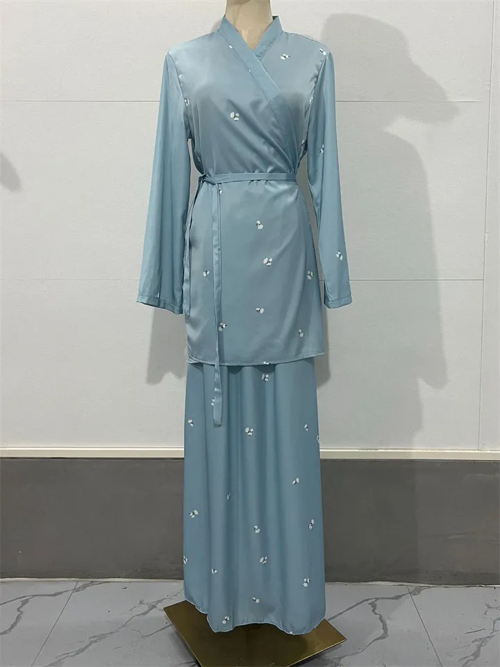 Women's Elegant Lace Up Pastel Blue Shirt Skirt Set