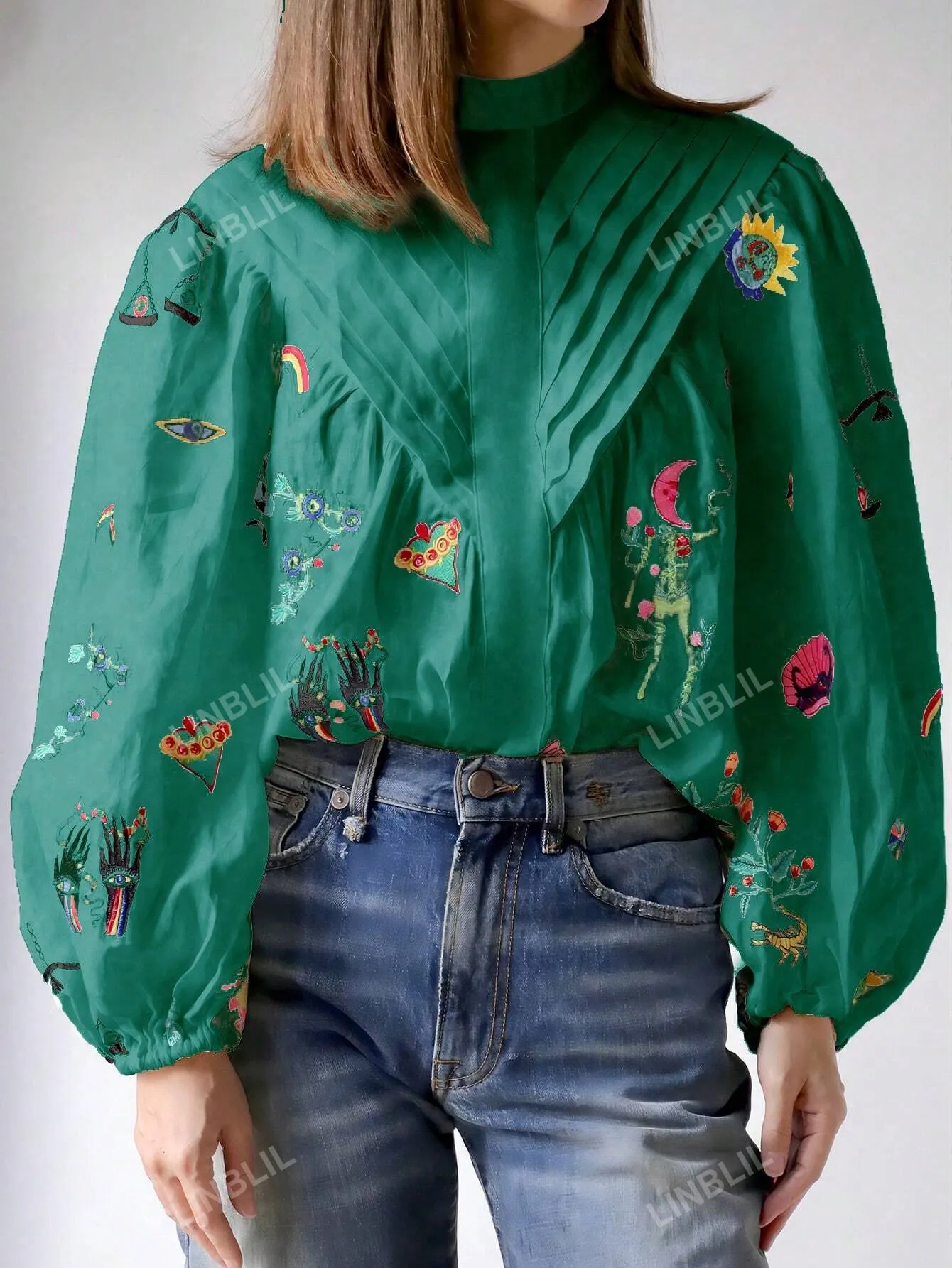 Women's Elegant Stand Collar Lantern Sleeve Embroidered Shirt