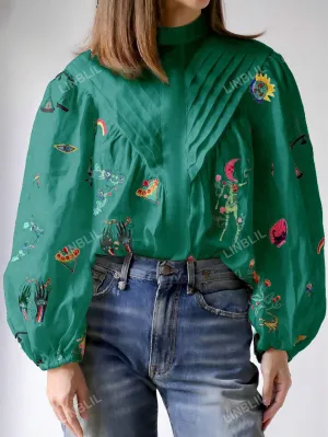 Women's Elegant Stand Collar Lantern Sleeve Embroidered Shirt