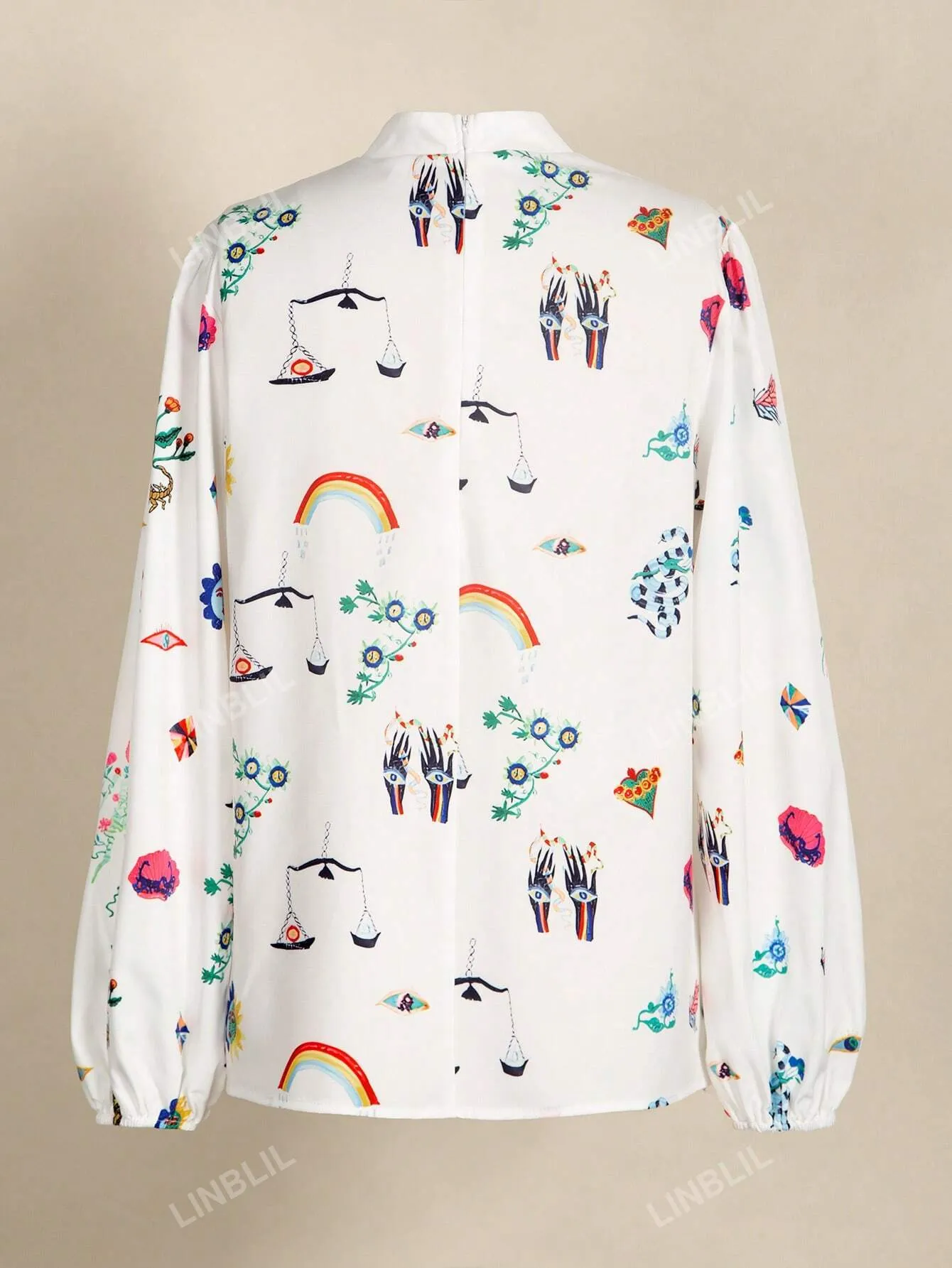 Women's Elegant Stand Collar Lantern Sleeve Embroidered Shirt