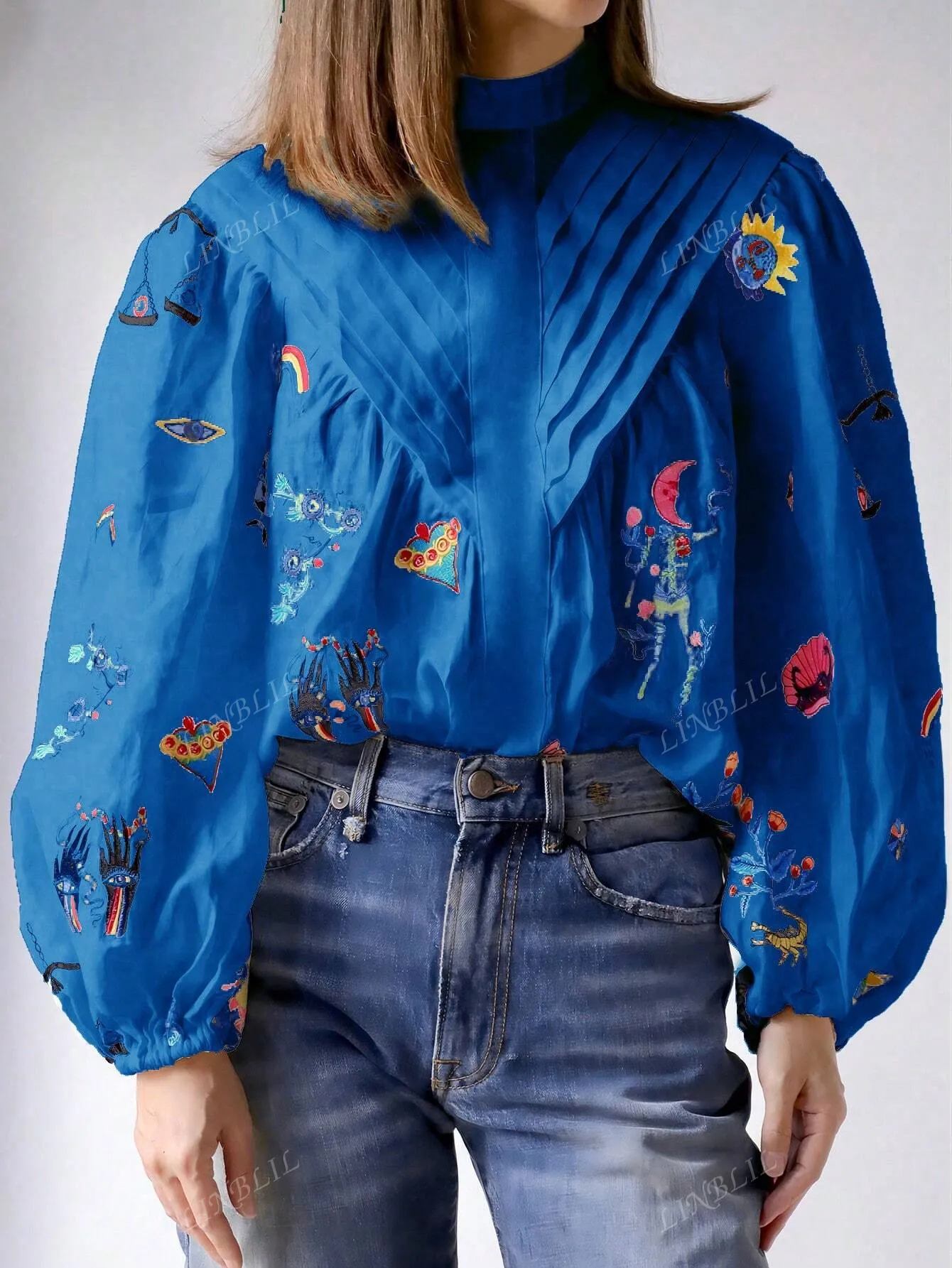 Women's Elegant Stand Collar Lantern Sleeve Embroidered Shirt