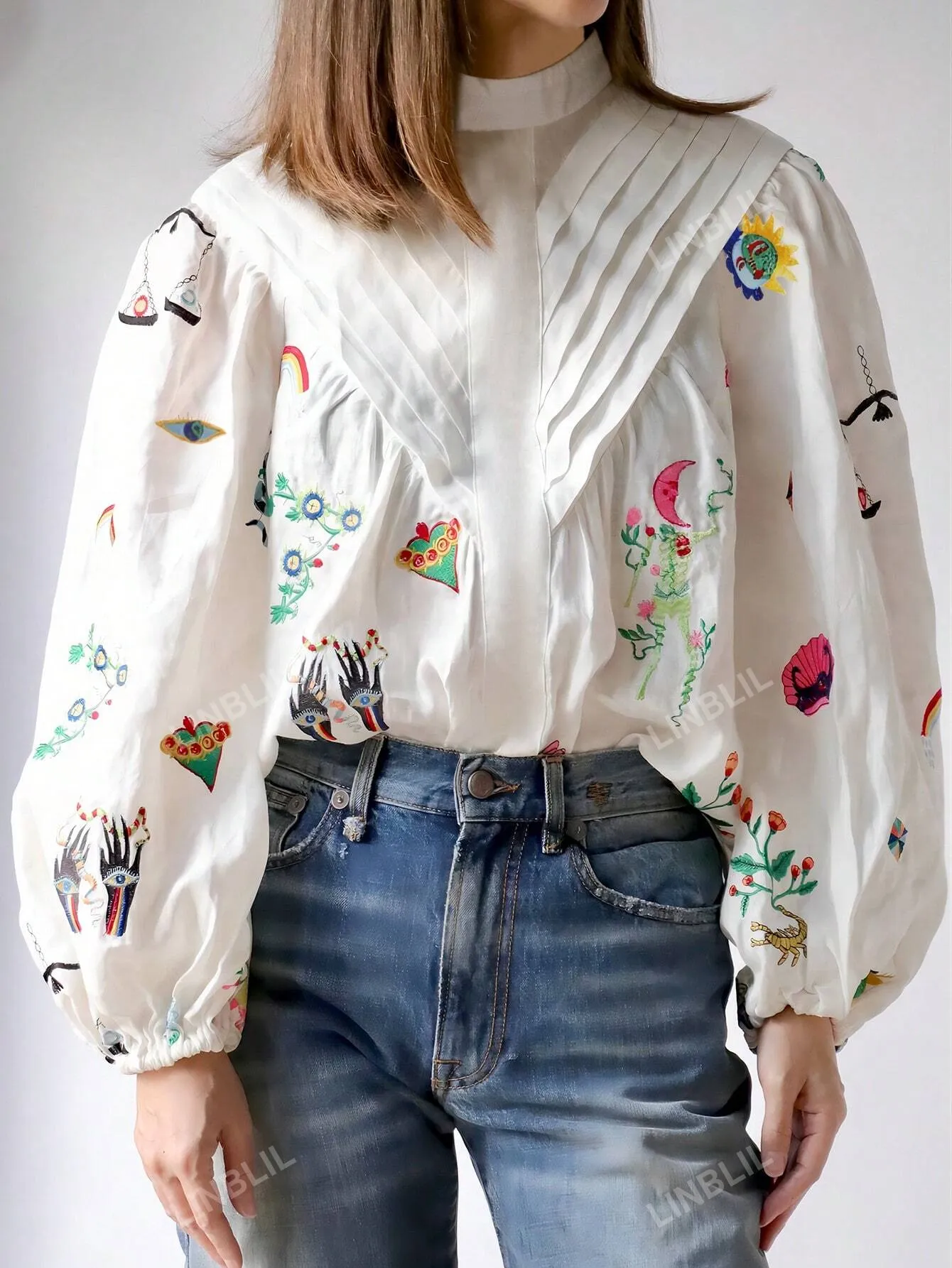 Women's Elegant Stand Collar Lantern Sleeve Embroidered Shirt
