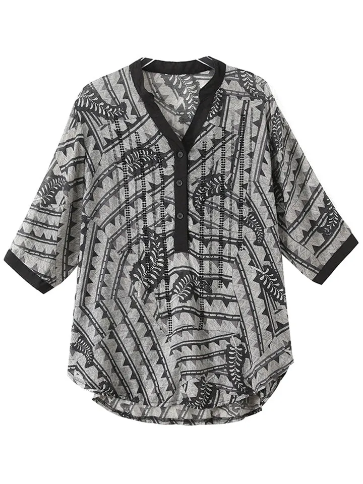 Women's Elegant V-Neck Printed Button Trim Loose Shirts