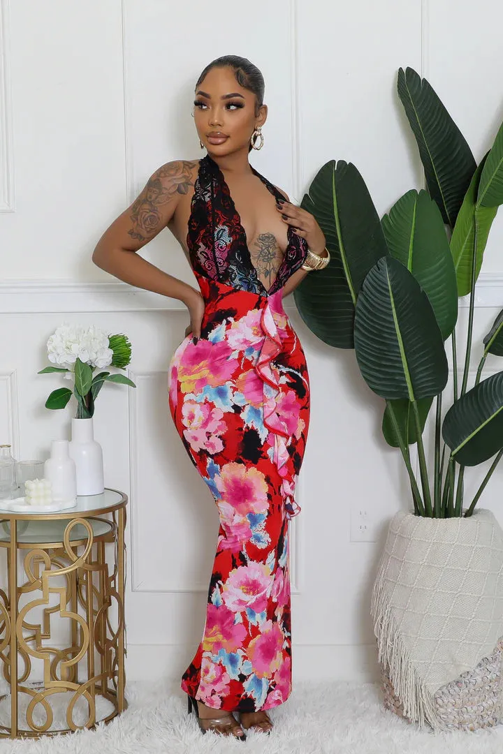 Women's Floral Design Lace Detail Maxi Dress