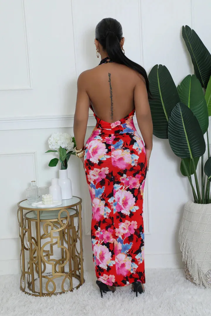 Women's Floral Design Lace Detail Maxi Dress