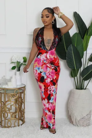 Women's Floral Design Lace Detail Maxi Dress
