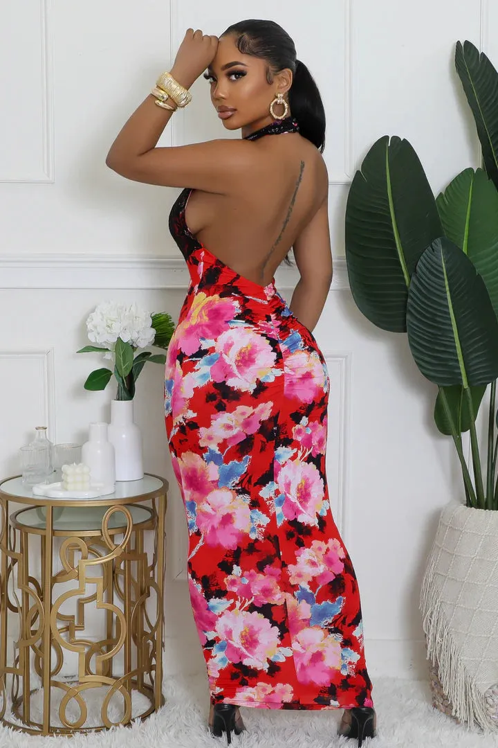Women's Floral Design Lace Detail Maxi Dress