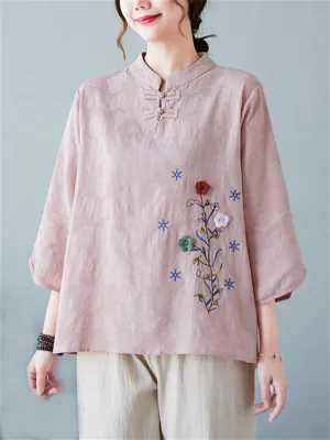 Women's Floral Hand Embroideried Elegant Stand Collar Shirt