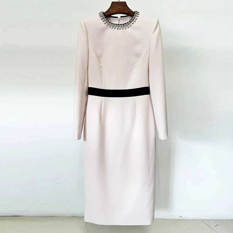 Women's Long Sleeve Pink Midi Dress Bead Detail Elegant Round-Neck Dress