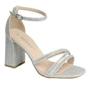 Women's Rhinestone Embellished Block heel with Ankle Strap & Open Square Toe Dress Sandals