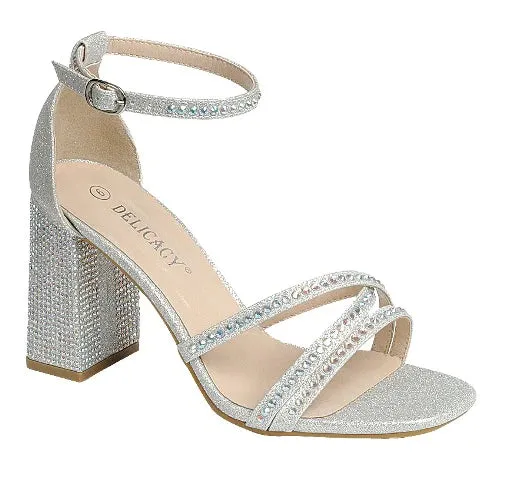 Women's Rhinestone Embellished Block heel with Ankle Strap & Open Square Toe Dress Sandals