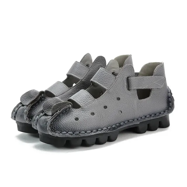 Women's Sandals Soft Bottom Flat Genuine Leather Sandals Leisure Retro Handmade Sandals with Flat Low Platforms