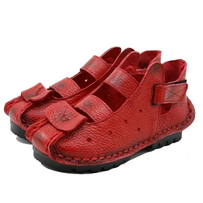 Women's Sandals Soft Bottom Flat Genuine Leather Sandals Leisure Retro Handmade Sandals with Flat Low Platforms