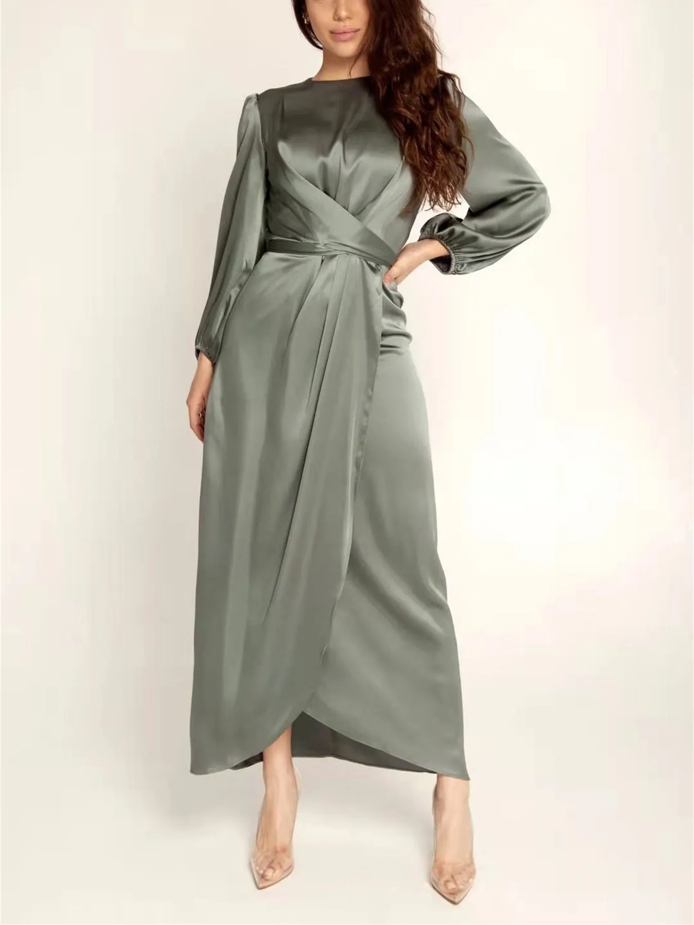Women's Solid Crew Neck Long Sleeve Tie Waist Maxi Dress