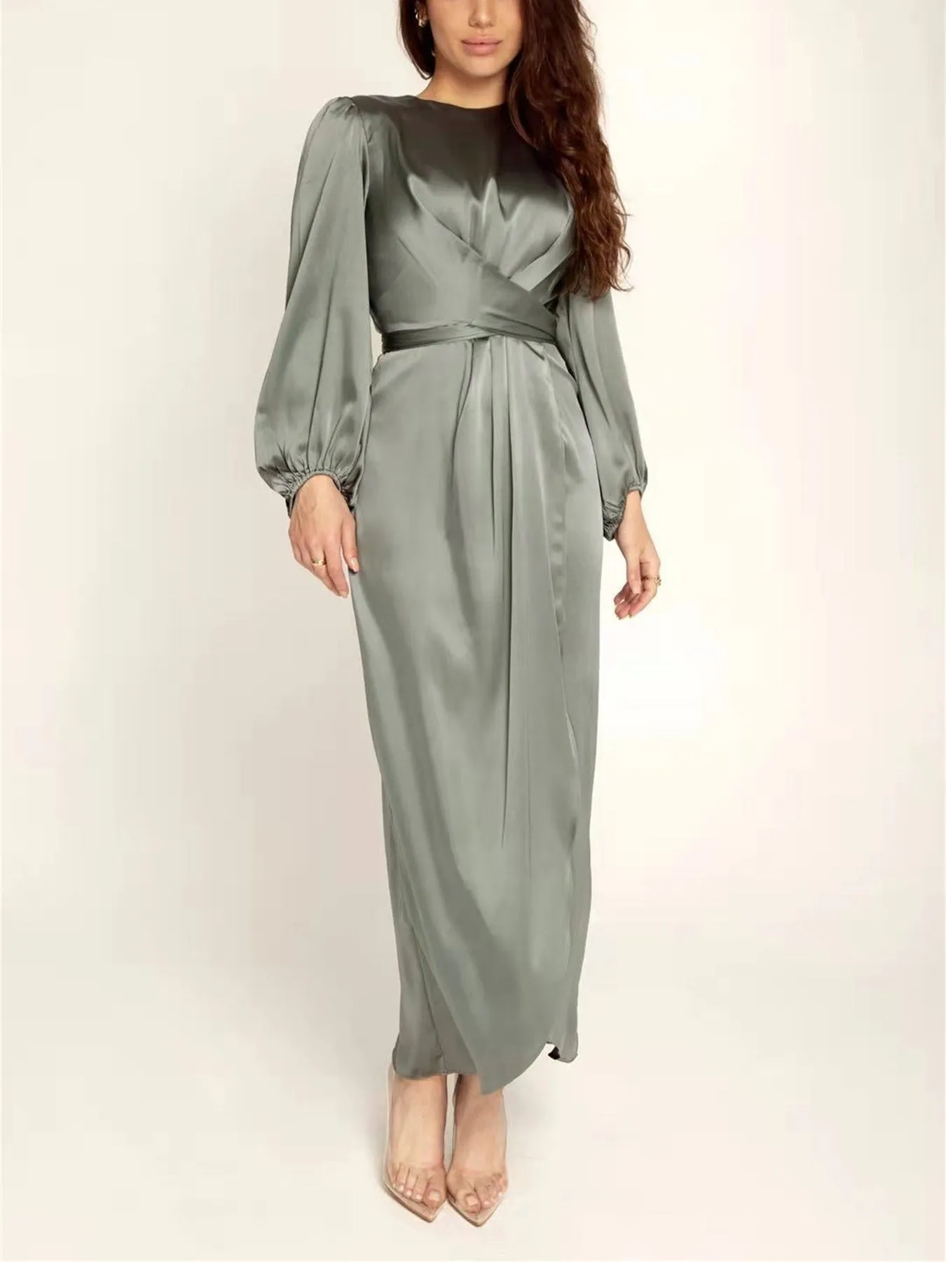 Women's Solid Crew Neck Long Sleeve Tie Waist Maxi Dress