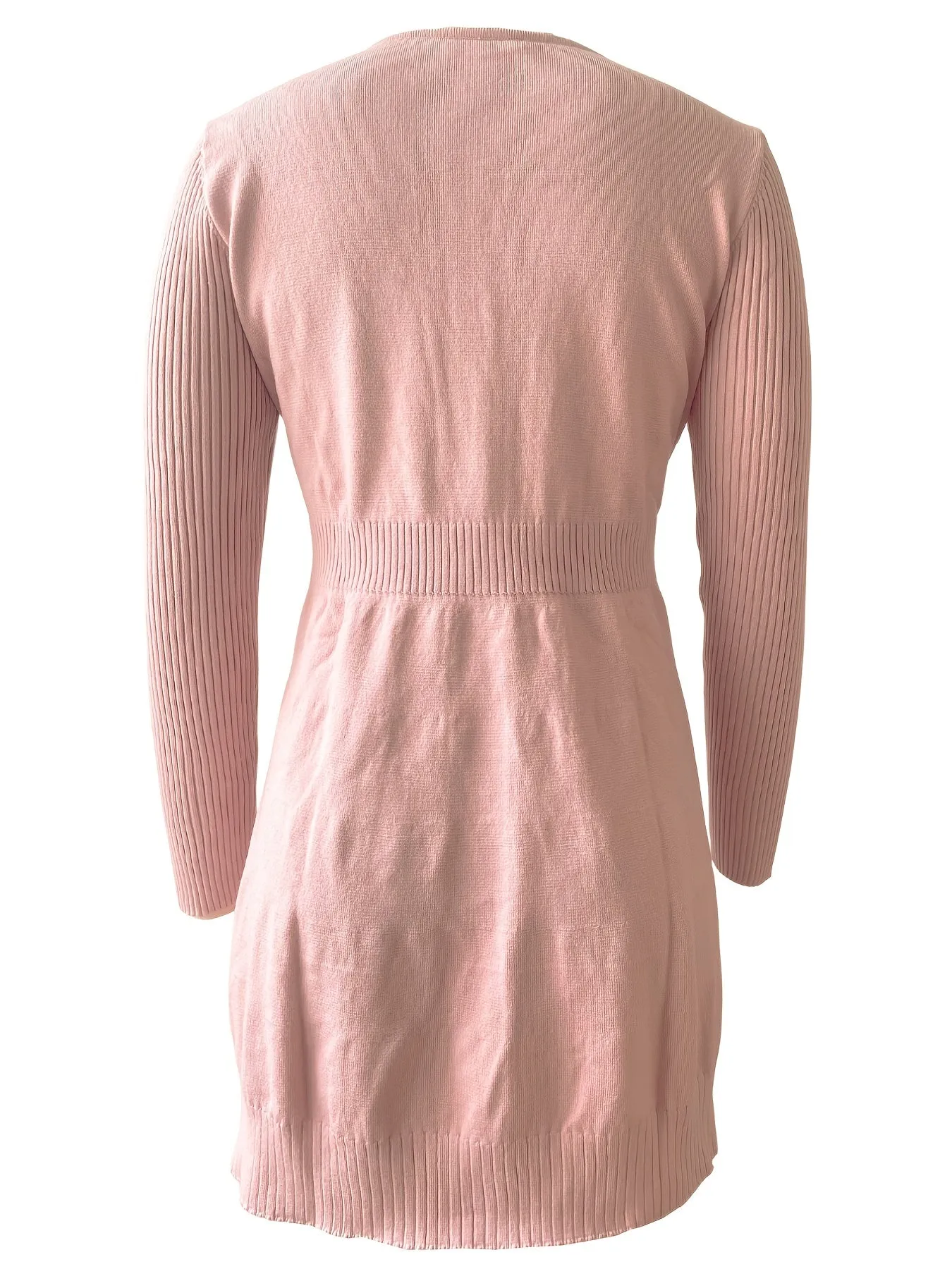 Women's Solid V Neck Ruffled Long Sleeve Sweater Dress