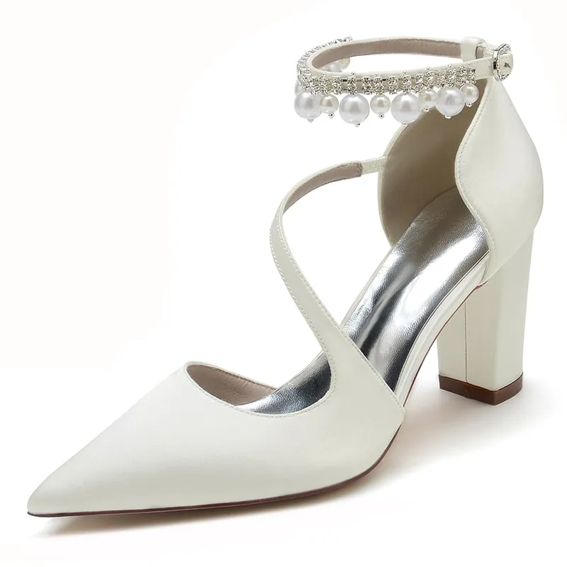 Women's Strappy Chunky Heels Closed Pointed Toe Satin Pump Heel Prom Sandals