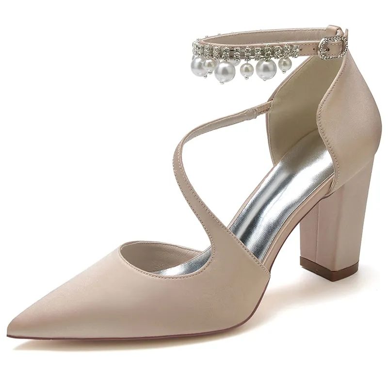 Women's Strappy Chunky Heels Closed Pointed Toe Satin Pump Heel Prom Sandals