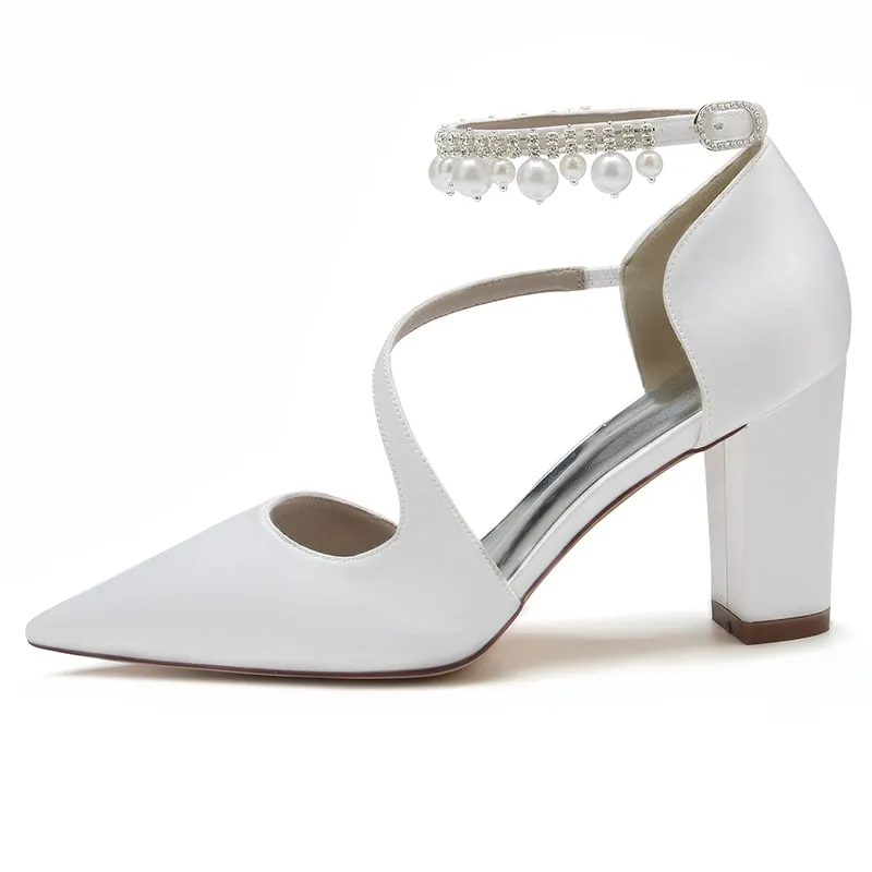 Women's Strappy Chunky Heels Closed Pointed Toe Satin Pump Heel Prom Sandals