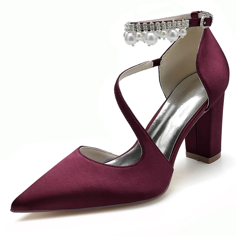 Women's Strappy Chunky Heels Closed Pointed Toe Satin Pump Heel Prom Sandals