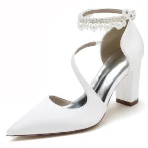 Women's Strappy Chunky Heels Closed Pointed Toe Satin Pump Heel Prom Sandals