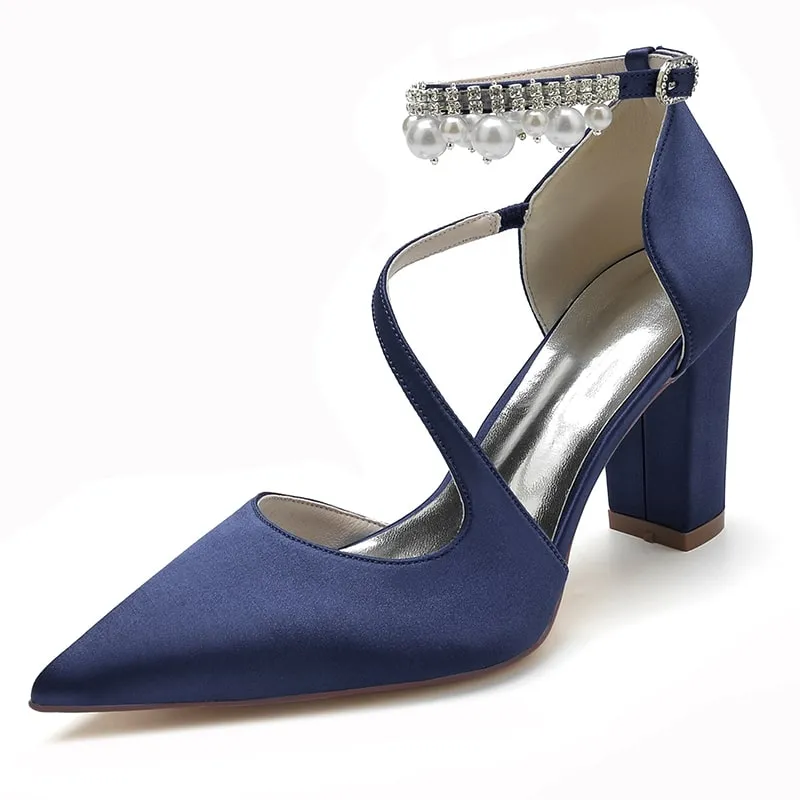 Women's Strappy Chunky Heels Closed Pointed Toe Satin Pump Heel Prom Sandals