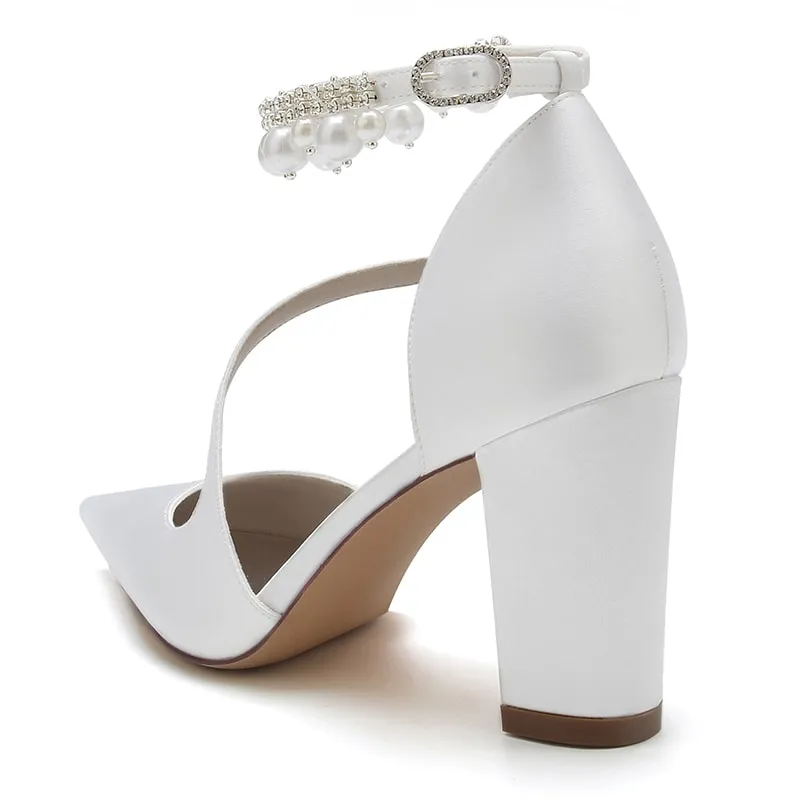 Women's Strappy Chunky Heels Closed Pointed Toe Satin Pump Heel Prom Sandals