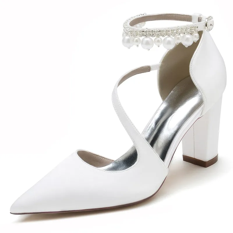 Women's Strappy Chunky Heels Closed Pointed Toe Satin Pump Heel Prom Sandals