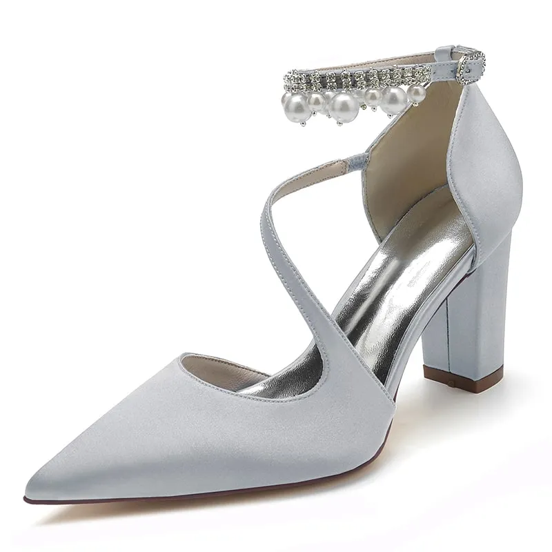 Women's Strappy Chunky Heels Closed Pointed Toe Satin Pump Heel Prom Sandals