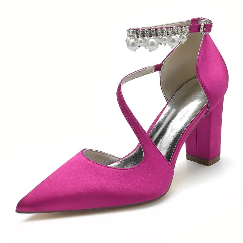 Women's Strappy Chunky Heels Closed Pointed Toe Satin Pump Heel Prom Sandals