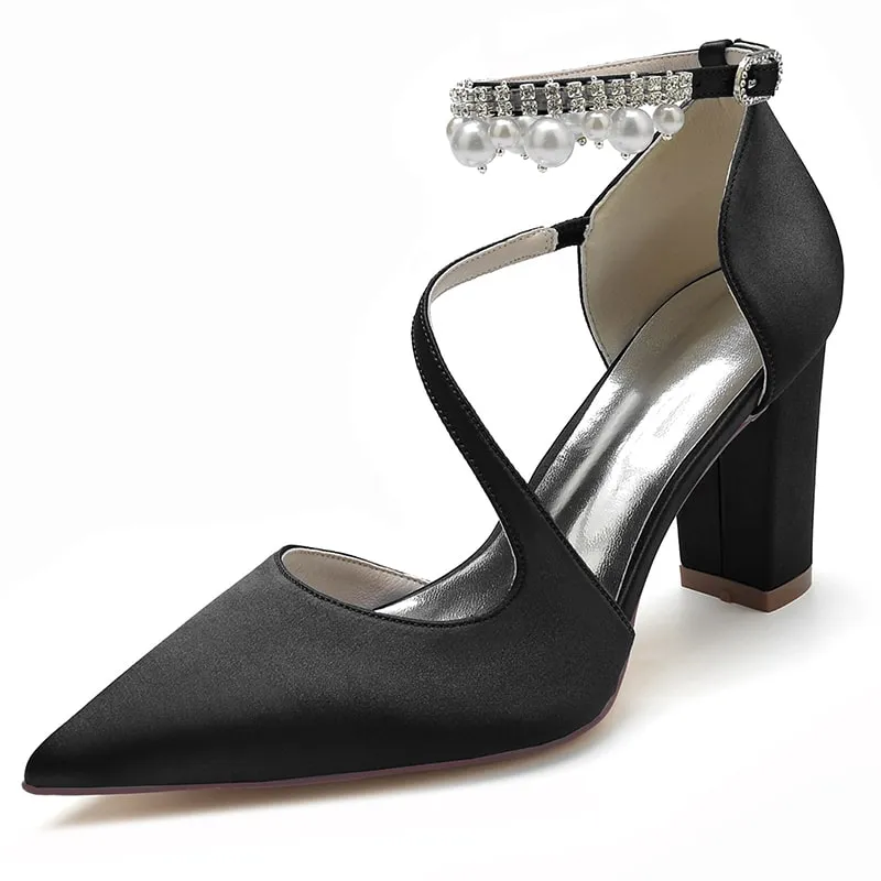 Women's Strappy Chunky Heels Closed Pointed Toe Satin Pump Heel Prom Sandals