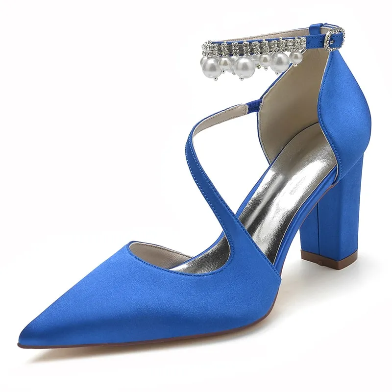 Women's Strappy Chunky Heels Closed Pointed Toe Satin Pump Heel Prom Sandals