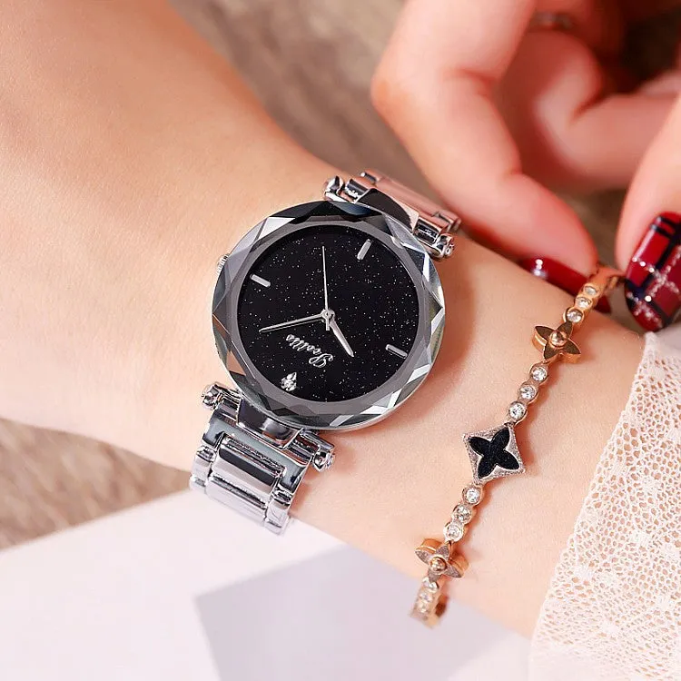 Women's Watch diamond black starry sky dial stainless steel strap elegant watch