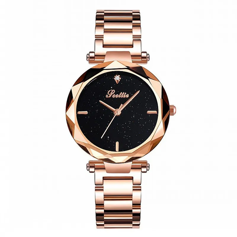 Women's Watch diamond black starry sky dial stainless steel strap elegant watch