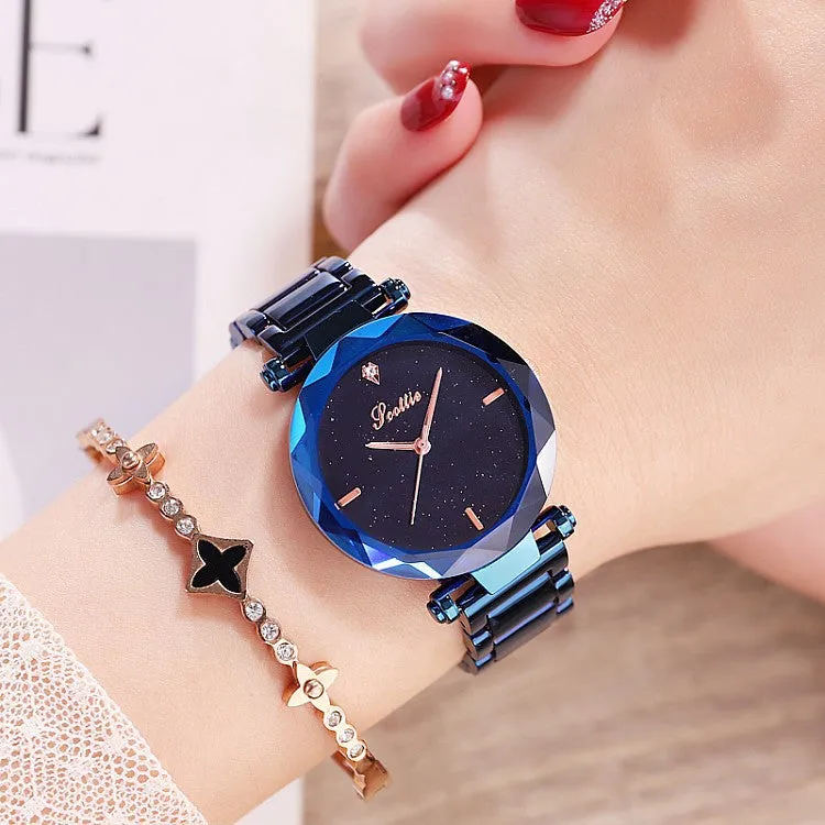 Women's Watch diamond black starry sky dial stainless steel strap elegant watch
